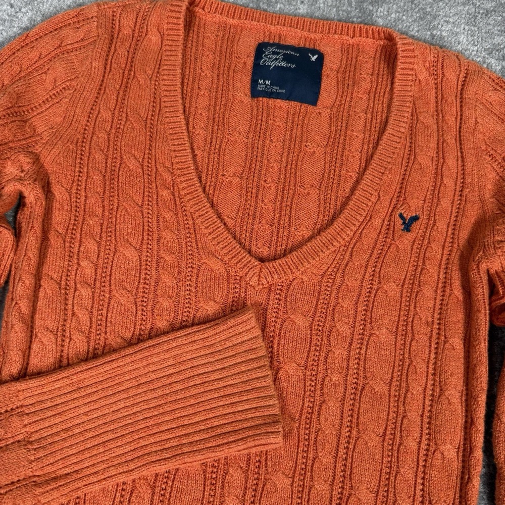 American Eagle Sweater Women's Medium Orange‎ Cable Knit V Neck Y2K Wool Blend